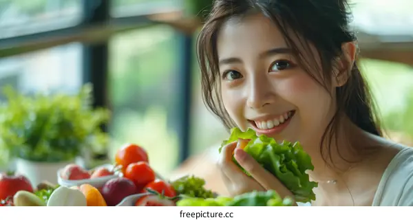 Portrait of a young Asian woman eating a salad
