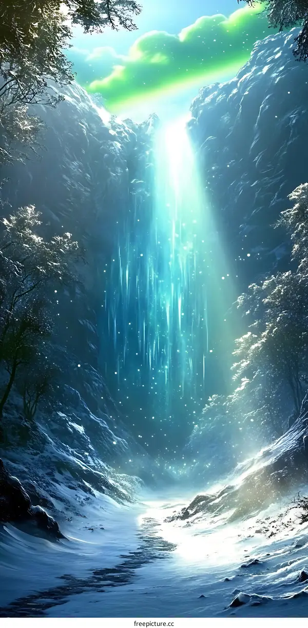 Snowy Mountain Valley with Light Beams and Green Cloud