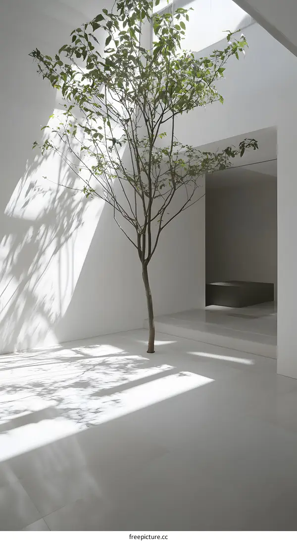 Minimalist White Interior Design with a Single Tree in the Middle