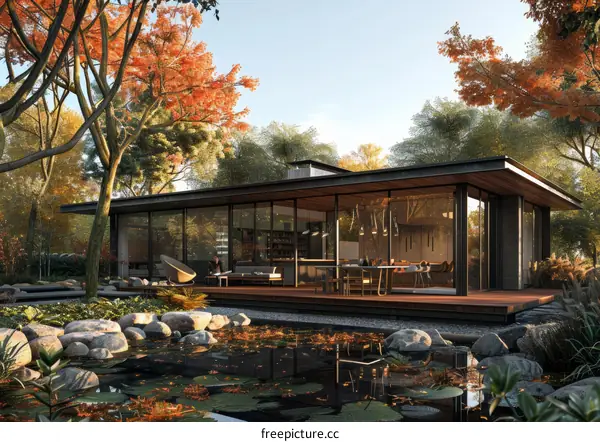 Contemporary Minimalist House with Pond and Autumn Trees