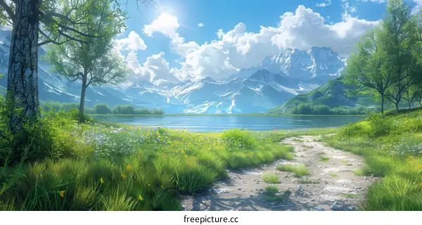 Luminous Mountains, Lake, and Meadow