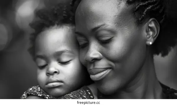 A black and white photo of a mother and her child
