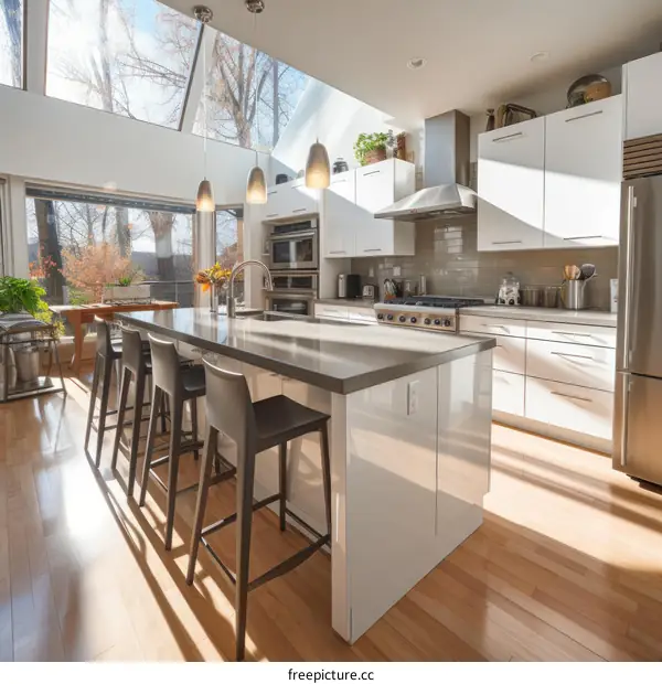 Modern kitchen interior with large windows and a big island