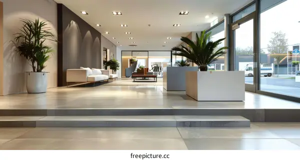 Modern Hotel Lobby with White Sofas and Green Plants