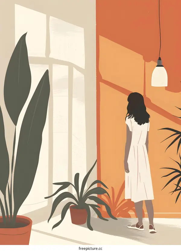 Woman Standing by Window with Plants and Sunlight