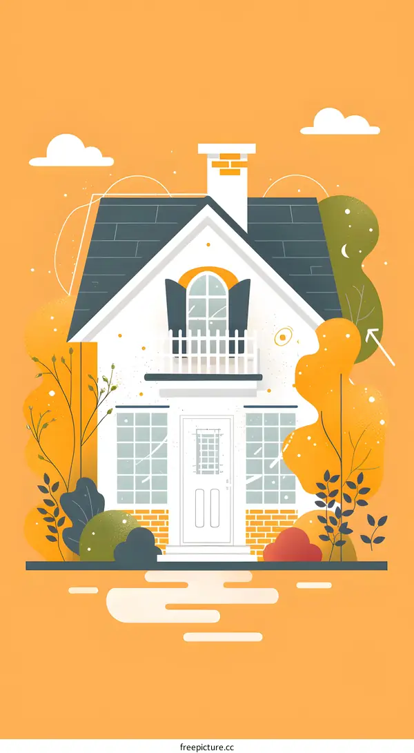 Simple Flat Illustration of a House with a Balcony and a Yard