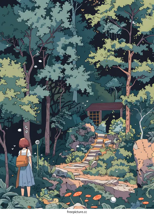 Girl Walking in the Forest Illustration