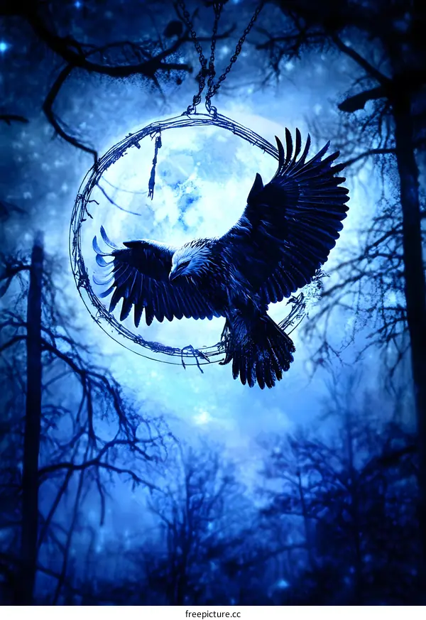 Eagle Flying Through Dreamcatcher in a Forest