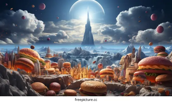 A city made of burgers with a giant tower in the background