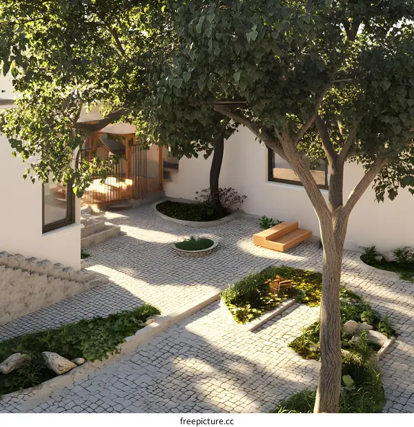 Modern Courtyard Design with Stone Pathways, Greenery, and a Wooden Bench
