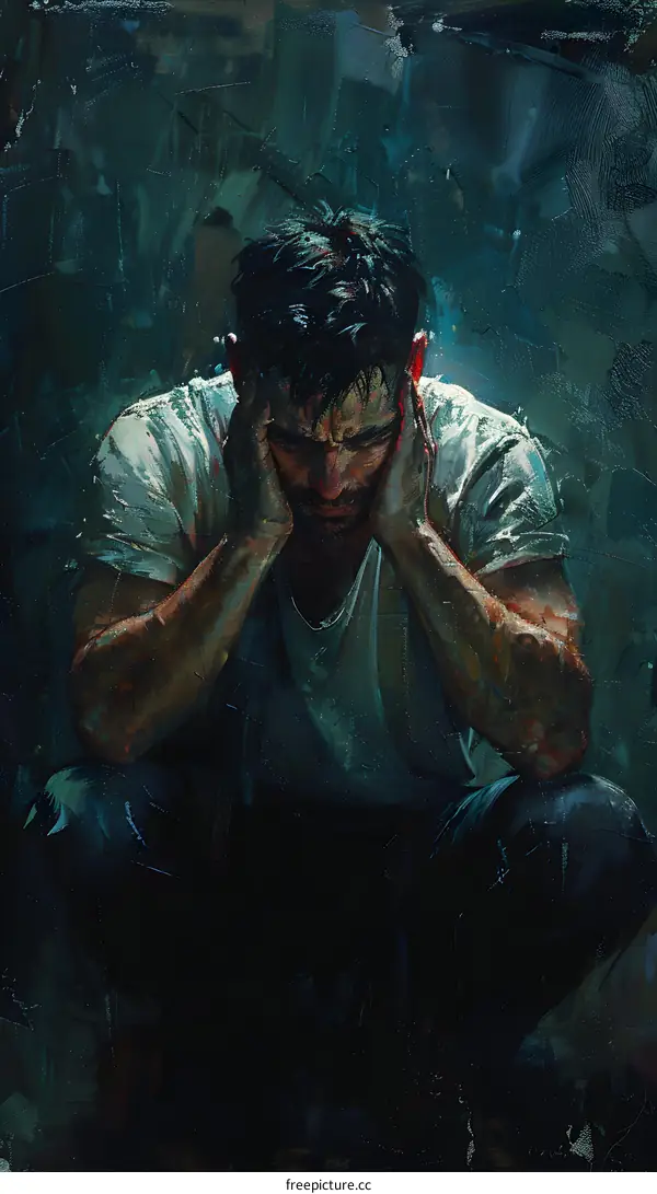 A man is sitting on the floor with his hands on his head.