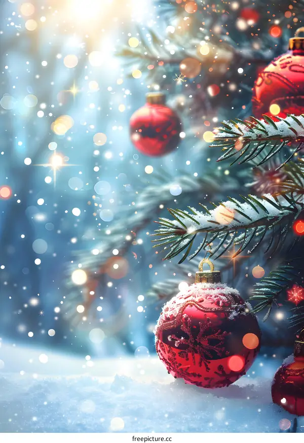 Christmas red balls and snow