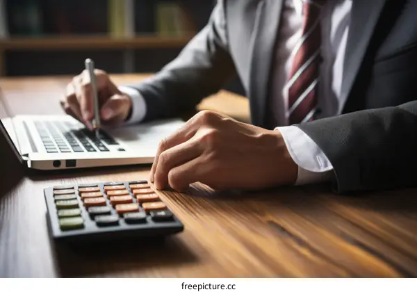 Businessman using calculator and laptop to calculate