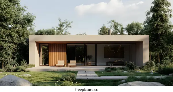 Modern Minimalist Concrete House Design With Large Windows And Wooden Accents