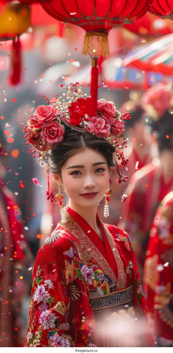 A young Chinese woman in traditional wedding dress smiles for the camera.