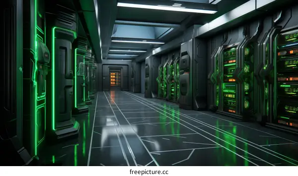 Futuristic spaceship interior with green lights