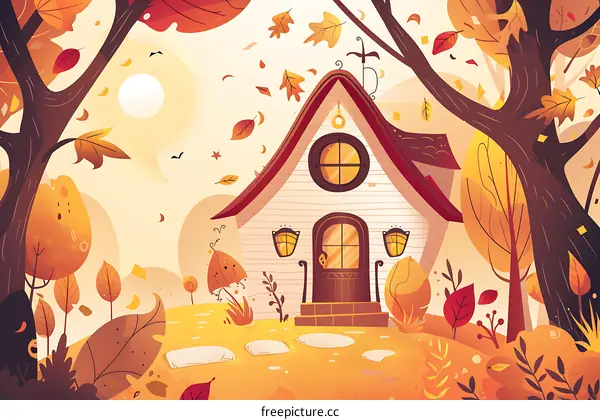 Autumn House Illustration With Trees And Falling Leaves