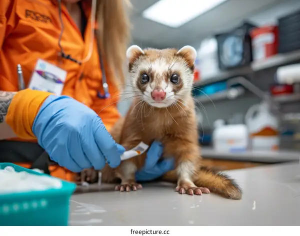 Close-up of a ferret being held by a veterinarian
