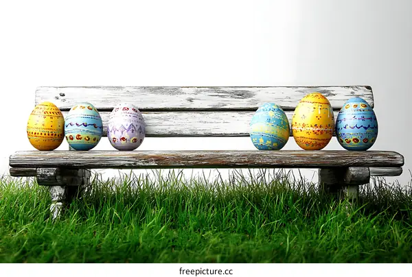 Easter Eggs on a Wooden Park Bench