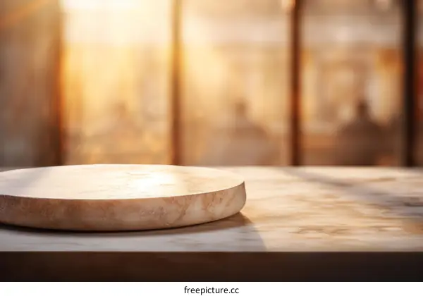An empty marble table with a blurred background