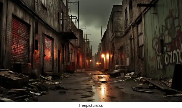 A dark and gloomy alleyway with graffiti on the walls and trash on the ground