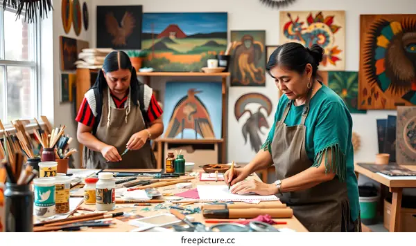 Two Native American Women Working on Art in Studio