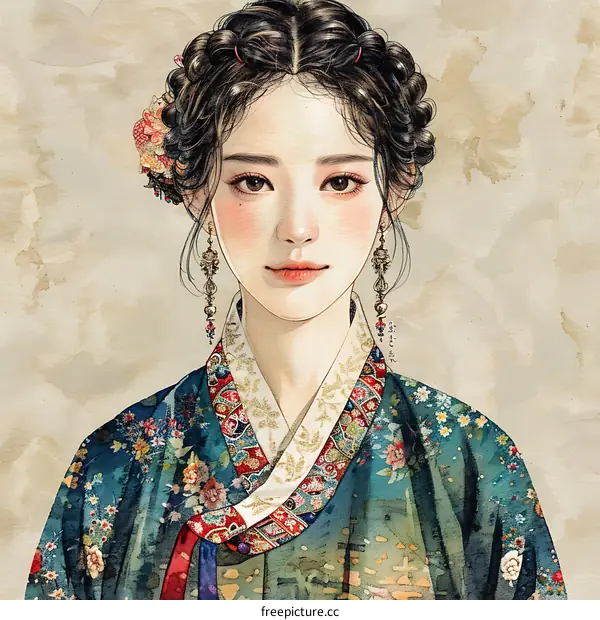 A hand-painted illustration of a Korean woman in traditional dress