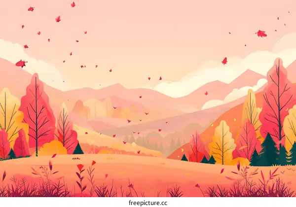 Autumn Landscape with Falling Leaves and Mountain