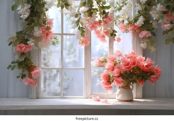 Romantic Window Decor with Pink Flowers