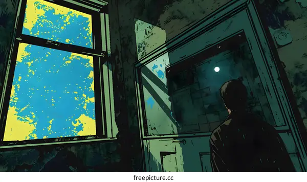 man looking out window at night