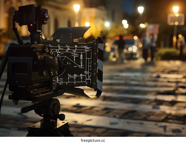 Filmmaking Equipment on Set with Blurred City Background