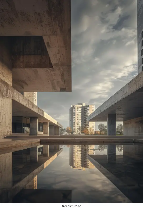 Reflection of a brutalist building in a pool of water