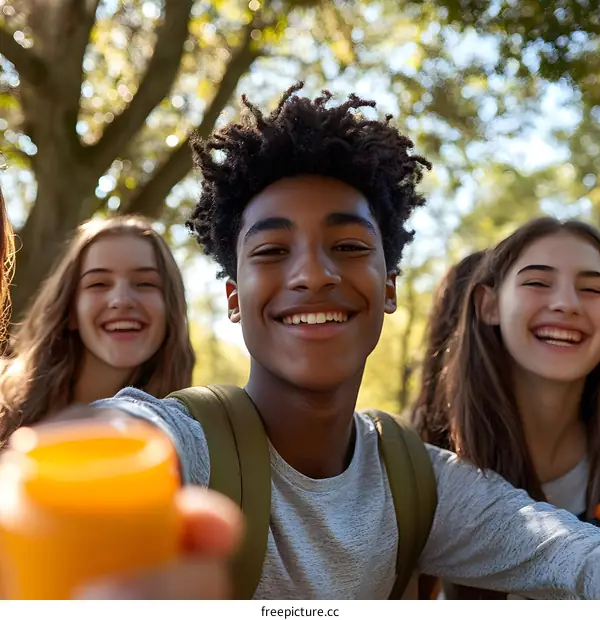 Smiling Diverse Group of Friends Taking a Selfie in Nature