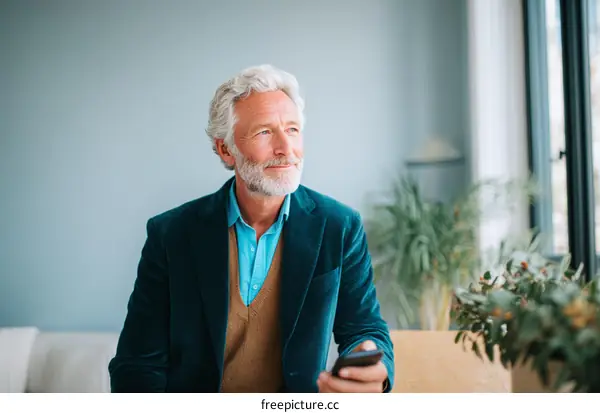 Thoughtful Senior Man in a Teal Jacket