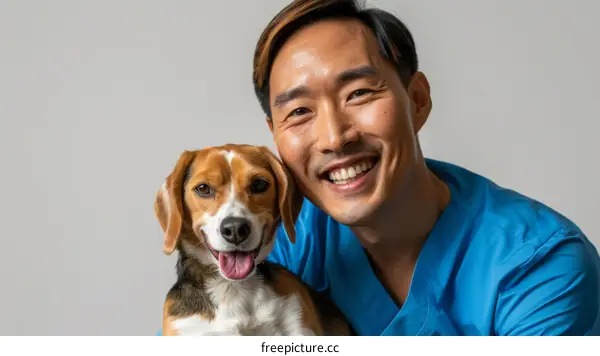 Asian veterinarian smiling with a beagle