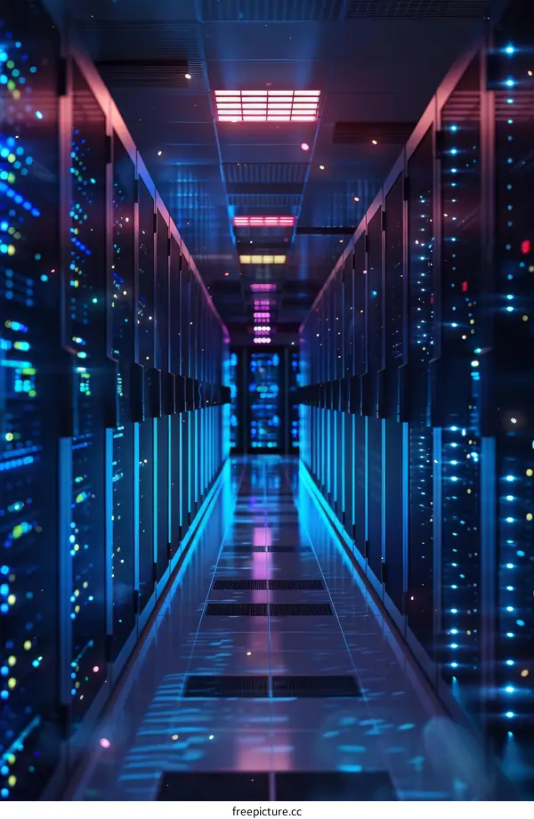Futuristic server room with blue and purple neon lights illuminating the aisle between server racks.