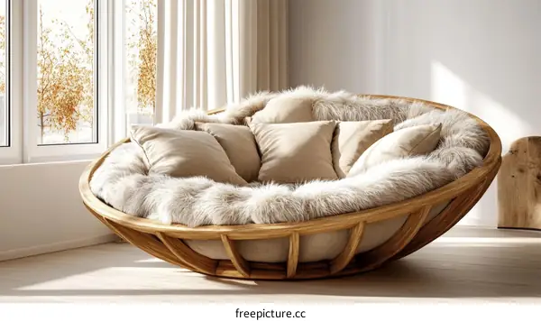 Modern Wooden Circular Furry Sofa in a Stylish Room