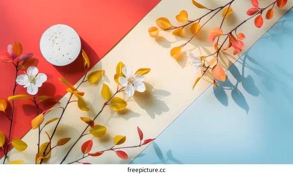 Minimalist Spring Flower Branch on Colored Background with White Circle