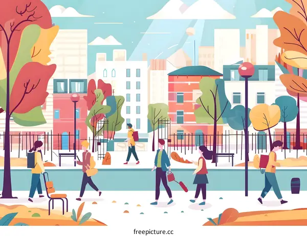 People Walking in City Park Illustration