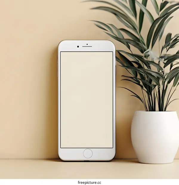 Minimalist White Smartphone Mockup With Plant On Beige Background