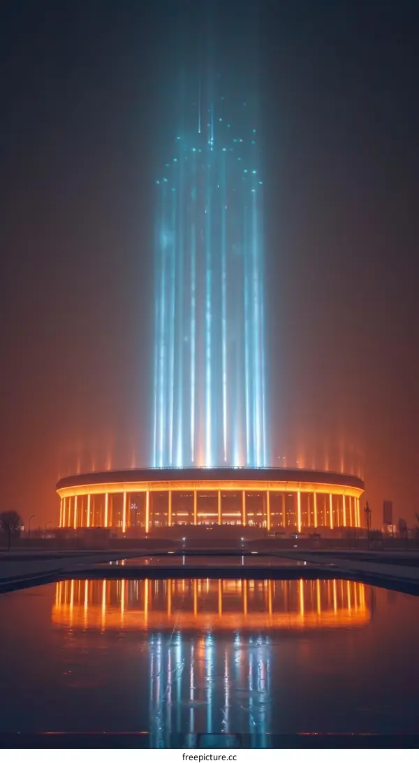 Foggy night stadium lights reflecting in the water