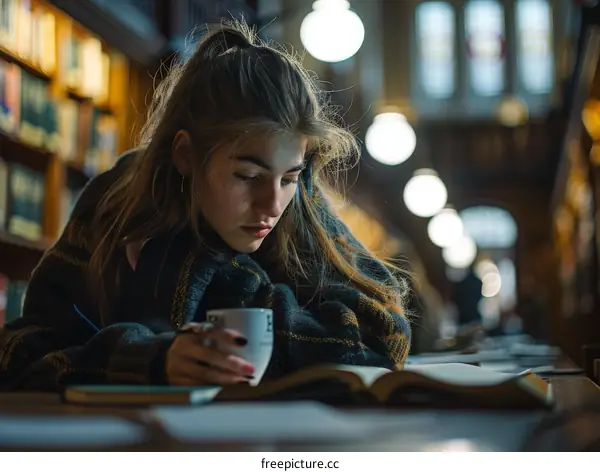 Young woman reading a book in a library