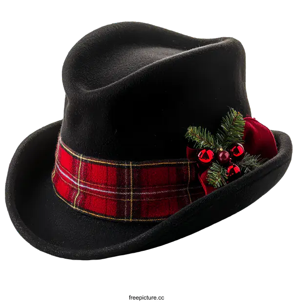 [Transparent Background PNG]Christmas Black Felt Fedora with Red Plaid Trim