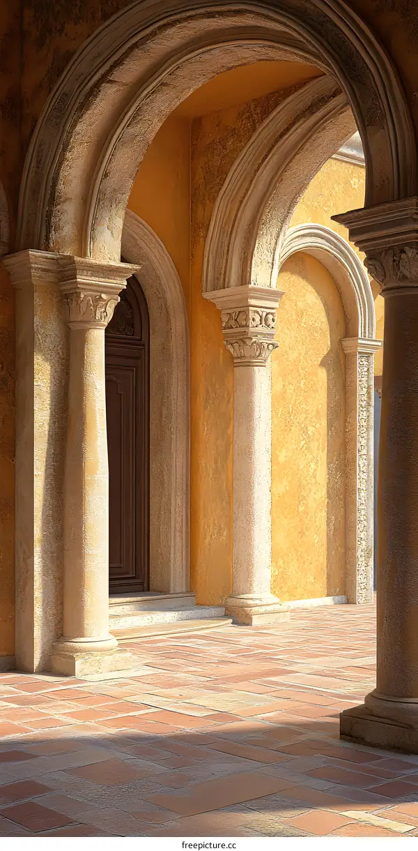 Architectural Arched Courtyard with Stone Columns and Tiles