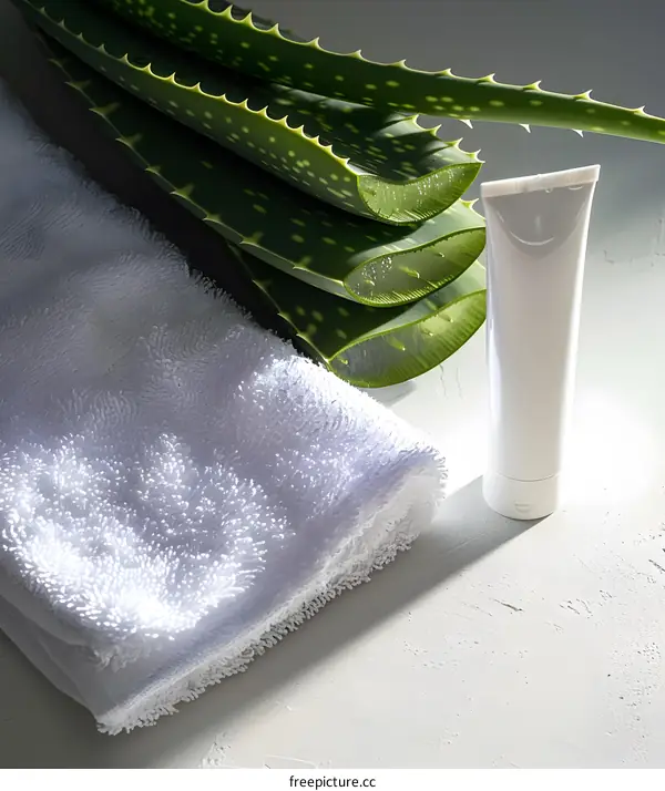 Aloe Vera Leaves Towel And Cream Tube On White Background