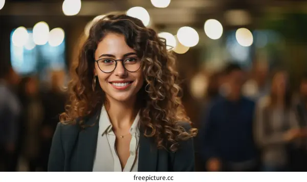 Portrait of a young woman with curly hair smiling in front of a blurred background