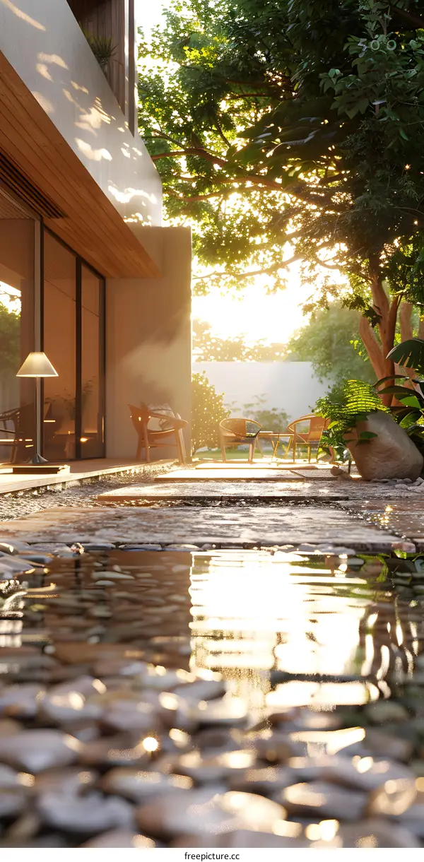 Courtyard with a reflecting pool and a stone path