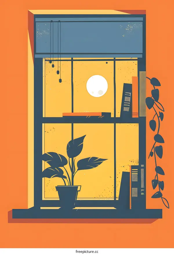 Windowsill with potted plant and books in front of moon