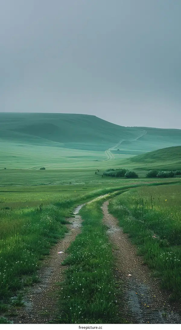 Serene Country Road Through a Lush Green Field