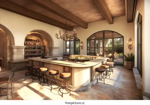 Luxury Interior Design for a Bar with Stone Walls and Wooden Beams